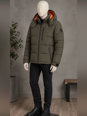 Moose Knuckles Olive Green Hooded Puffer with Orange Lining .90%Down .New no tag